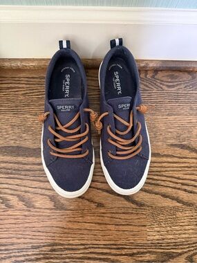 Sperry Navy Canvas Boat Shoes with Brown Laces